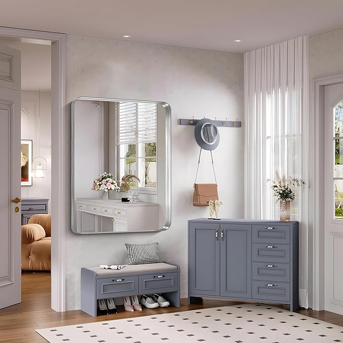 FORBATH 48x40 Inch Large Bathroom Mirror, Brushed Silver Deep Frame Wall Mirror - Image 3