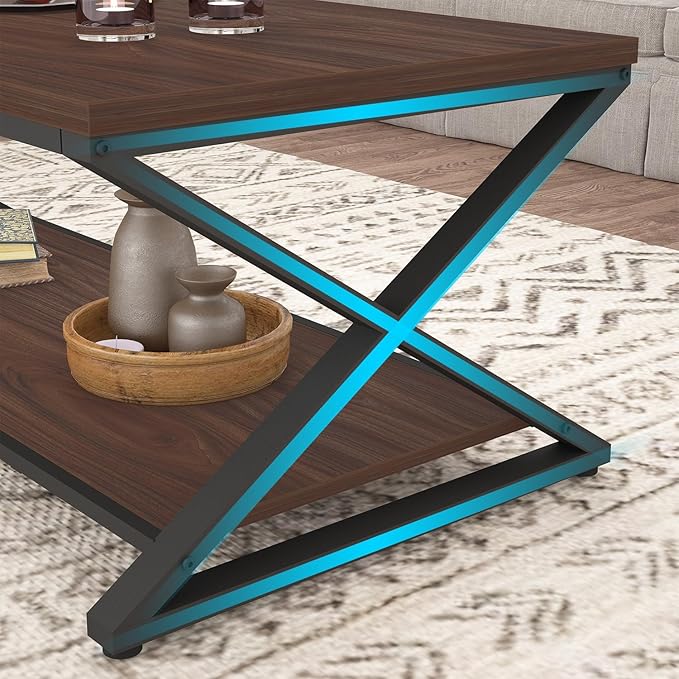 HSH Walnut 2 Tier Storage Coffee Table, Modern Rectangle Center Table - Image 6