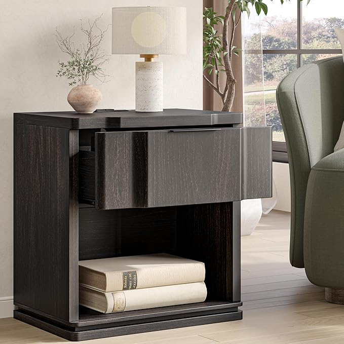 Nightstand with Charging Station, Wooden Curved Night Stand Bedside Tables with - Image 8
