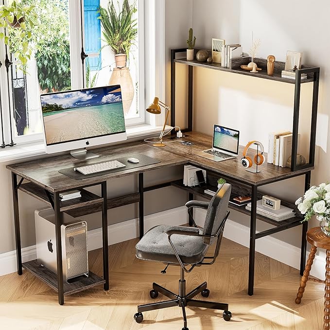 L Shaped Computer Desk with Hutch and Storage Shelves, Gaming Desk with LED - Image 6