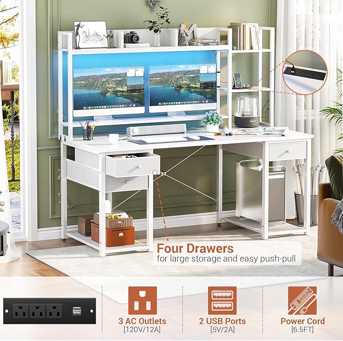 Aheaplus LED Gaming Desk with Hutch, 55.2" Workstation - Image 4