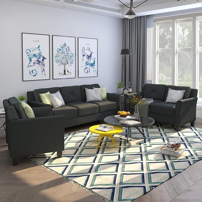 3 Pieses Modern Living Room Sofa Sets Polyester Blend Button Tufted Sofa&Couch - Image 3