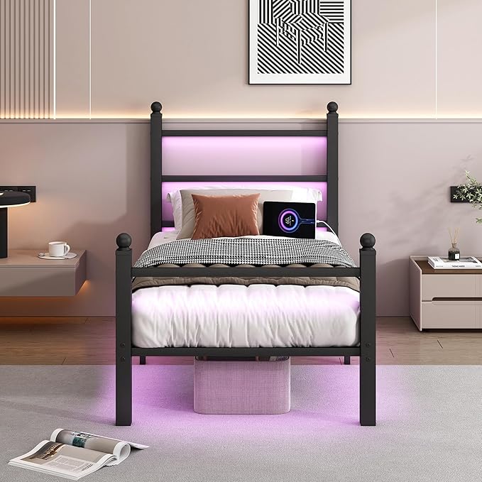 Twin Bed Frame with Headboard and Footboard, Steel Slats Support-LED Bed Frame by CLIBFENG