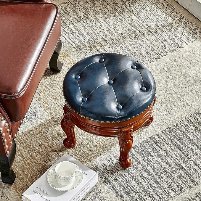 Solid Wood Foot Stool Round Ottoman Mid-Century Footrest Sofa Stool - Image 4