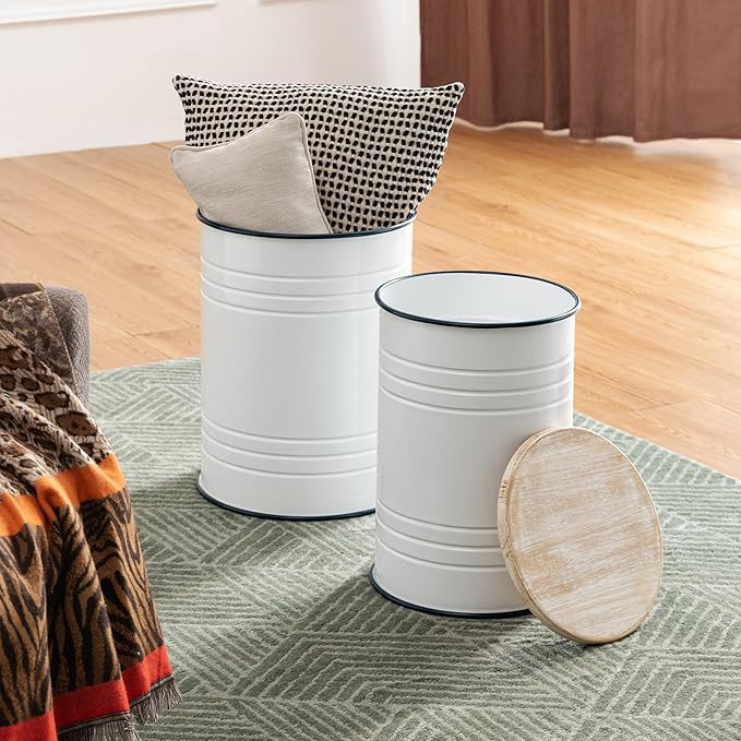 Glitzhome Farmhouse Accent Side Table, Metal Storage Stool Ottoman - Image 5