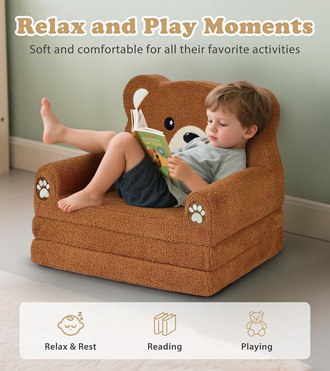 Kids Couch, 2-in-1 Soft Toddler Couch Fold Out - Image 4