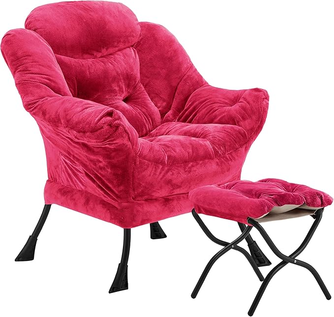 Lazy Chair with Folding Ottoman, Accent Chair Plush Upholstered with Metal by Youtanic