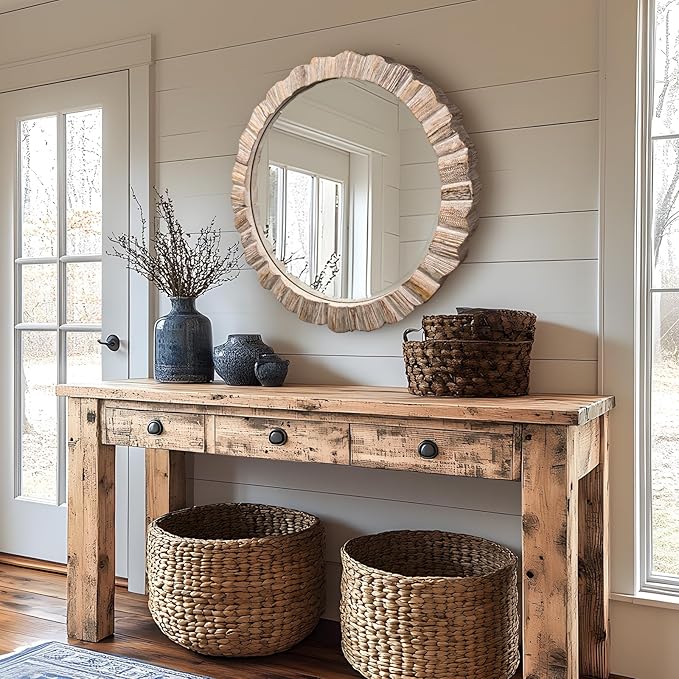 35" Wood Round Mirror, Rustic Wall Mirror - Image 2