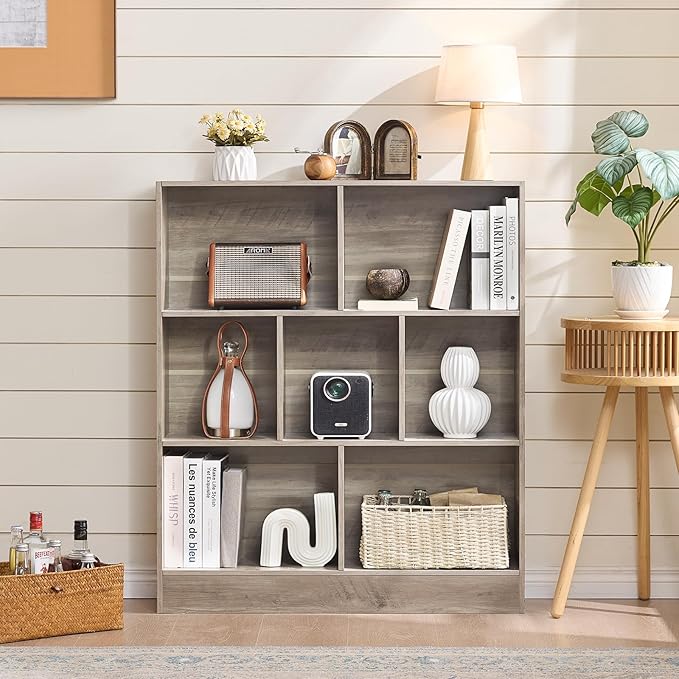 LEYAOYAO 7 Cube Bookshelf with Base, 3 Tier Mid-Century Modern Grey Bookcase - Image 7