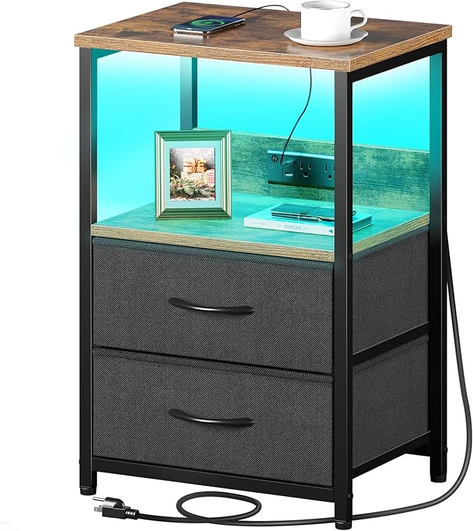 Seventable Nightstand with Charging Station, Bedside Table with LED Lights by Seventable
