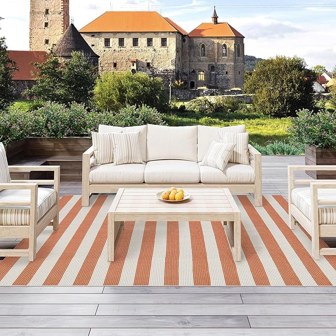 OJIA Outdoor Patio Rug 5'x7', Striped Outdoor Rugs Washable Checkered Area Rugs - Image 6