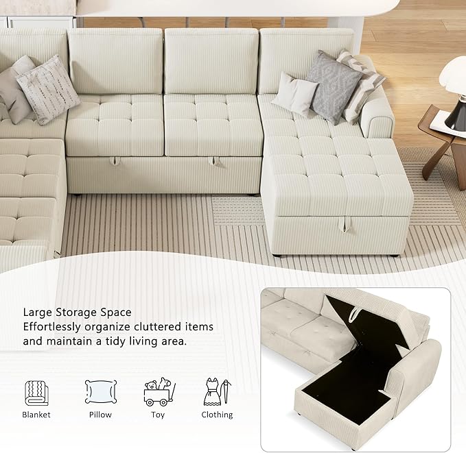 107.5" Corduroy U Shaped Sofa, Sectional Sleeper Couch Pull Out Bed - Image 5