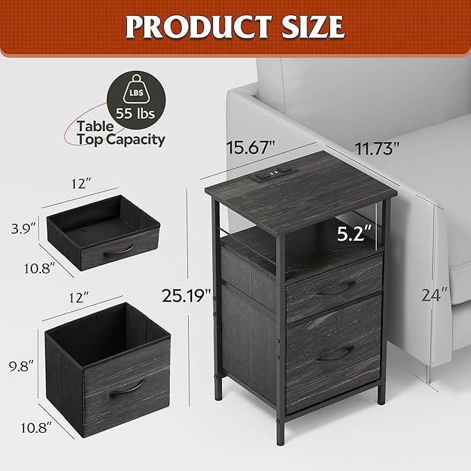WLIVE Nightstand with Charging Station, Side Table with 2 Fabric Drawers - Image 3