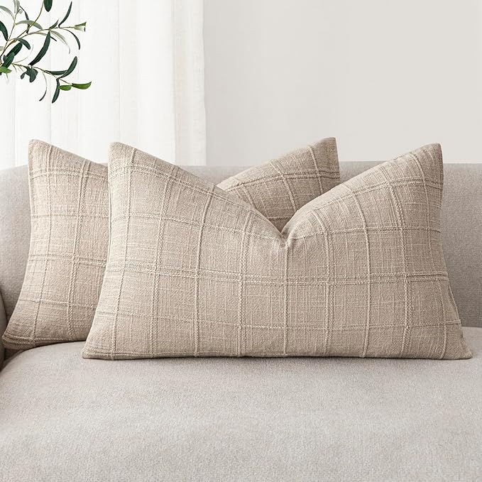 Foindtower Set of 2 Decorative Linen Check Throw Pillow Covers Neutral by Foindtower
