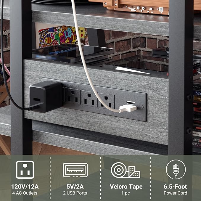 AV Media Stand with Outlets, Media Console with LED Lights, Stereo Racks and - Image 7