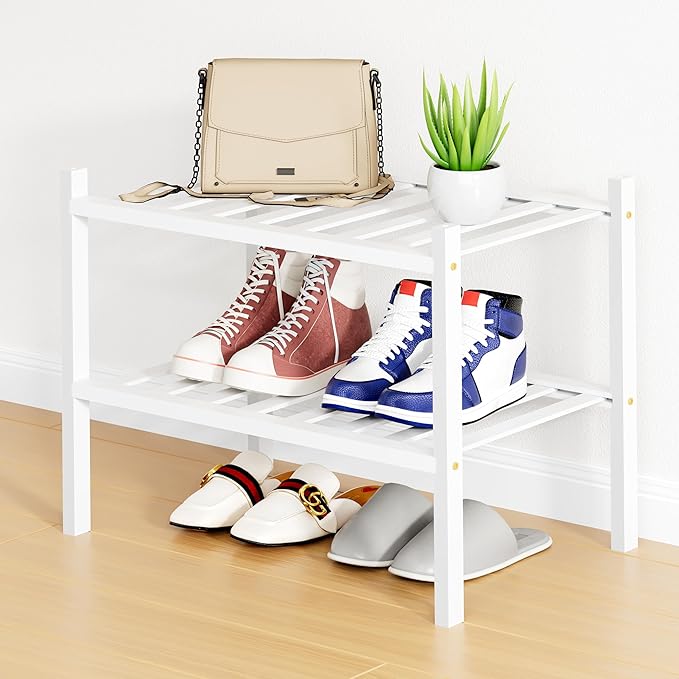 Smiry Shoe Rack, 2 Tier Small Bamboo Shoe Organizer, Stackable Free Standing by Smiry