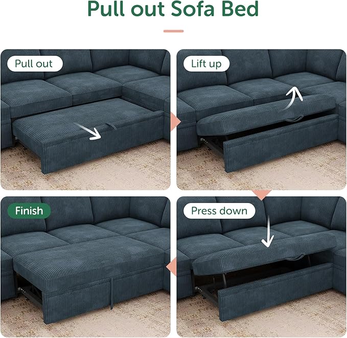 HONBAY Modular Sectional Sleeper Sofa Bed, Corduroy Pull Out Couch - Image 6