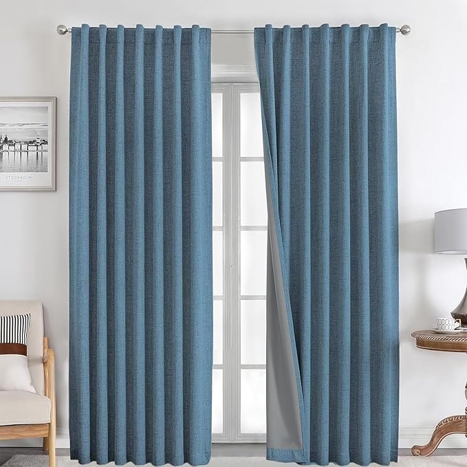 Joydeco Natural Linen Curtains 84 inch Length 2 Panels Set Burg 100% Blackout by JOYDECO