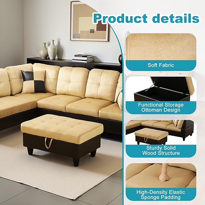 L Shaped Couch Modern Sectional Couch Upholstered Lint Fabric 3 Pieces Sofas - Image 5