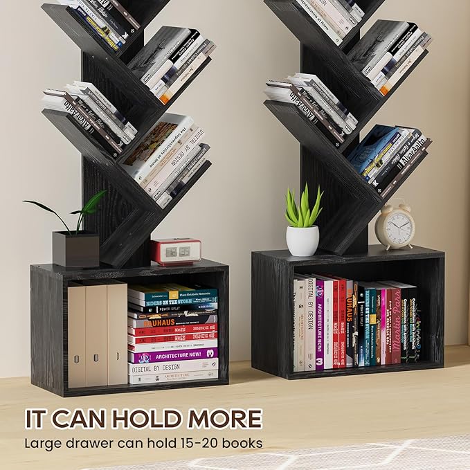 6 Tier Tree Bookshelf, Sturdy Retro Floor Standing Wood Bookcase, Storage Rack - Image 6