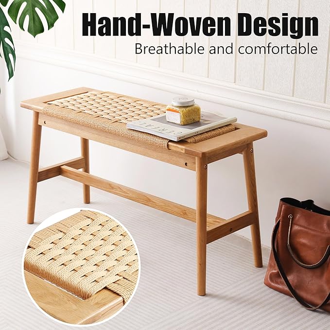 33.5" L Wood Dining Bench Indoor, 100% Natural Solid Oak Bed Bench Hand Woven - Image 4