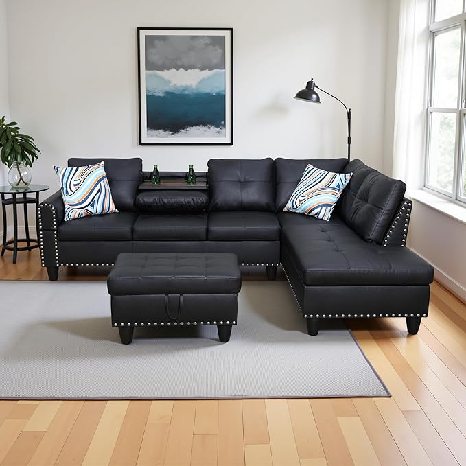 Couches for Living Room Faux Leather L Shaped Couch Comfy 3 Pieces Sectional by LynginsCreativeLife