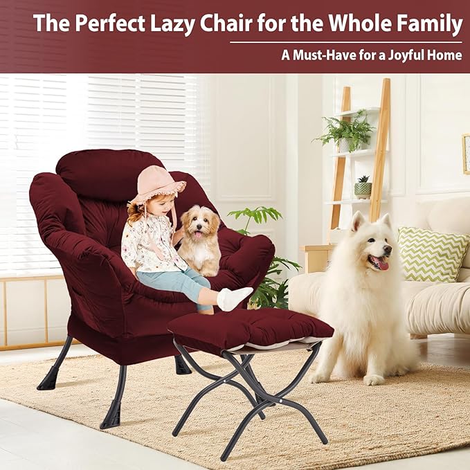 Lazy Chair with Folding Ottoman, Accent Chair Velvet Upholstered with Metal - Image 4