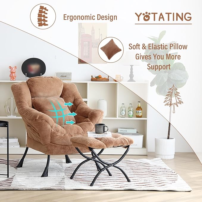 Lazy Chair with Ottoman, Comfy Reading Lounge Chair with Footstool & Throw - Image 8