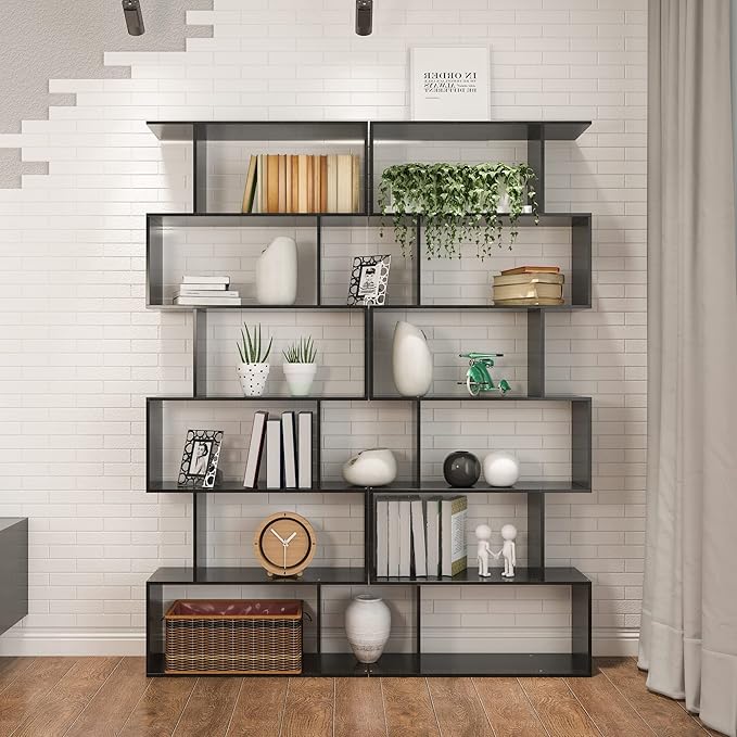 Yusong Bookshelf 6-Tier, Geometric Bookcase S Shaped Book Shelves - Image 5