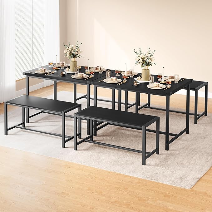 Dining Table Set for 4 with 2 Benches, 3-Piece Kitchen Table Set, Space-Saving - Image 3