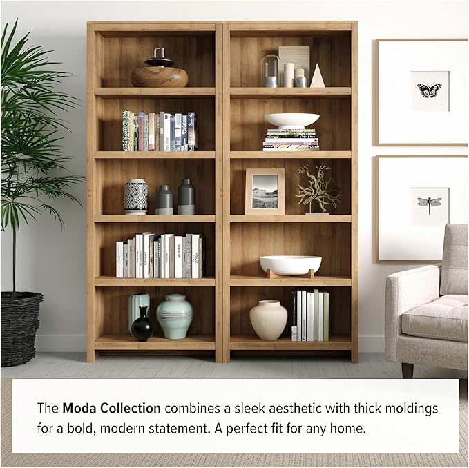Prepac Moda 5-Tier Tall Wooden Bookcase, Oak Storage Cabinet, Display Cabinet - Image 8