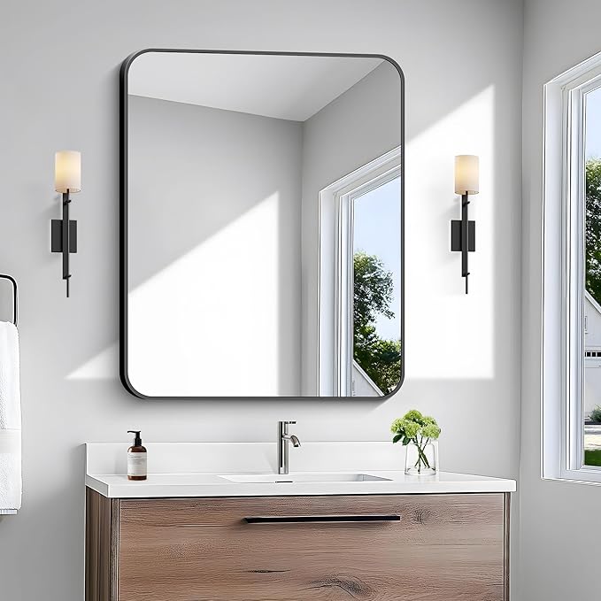 BONEWEI 30x36 inch Bathroom Mirror, Wall Mounted Bathroom Frame Vanity Mirror by BONEWEI
