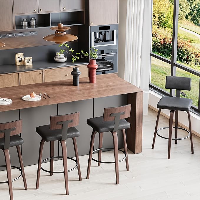 IRONCK Counter Height Bar Stools Set of 2, Wood Texture Bent Legs, Mid-Century - Image 3