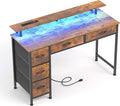 Computer Desk with 5 Drawers, Gaming Desk with LED Lights Power Outlets and by Mexin