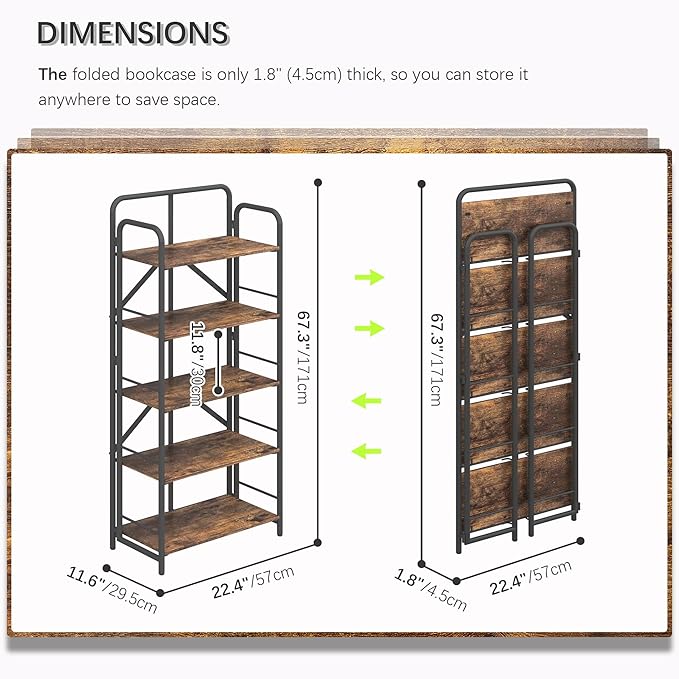 4NM No Assembly Folding Bookshelf 5 Tiers Vintage Industrial Black Book Shelf - Image 3
