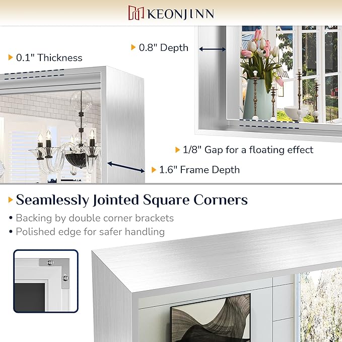 Keonjinn 48 x 24 in Brushed Silver Bathroom Vanity Mirror Rectangular Metal - Image 3