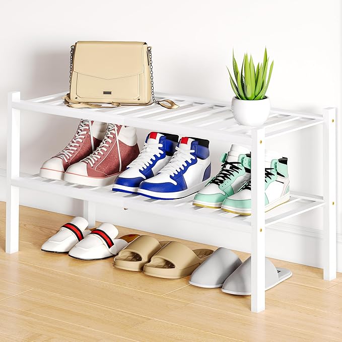 Smiry Shoe Rack, 2 Tier Bamboo Shoe Organizer, Stackable Free Standing Wooden by Smiry
