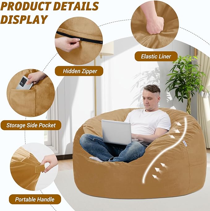 3FT Bean Bag Chair with Ultra Soft Velvet Cover Bean Bag Sofa with Memory Foam - Image 4
