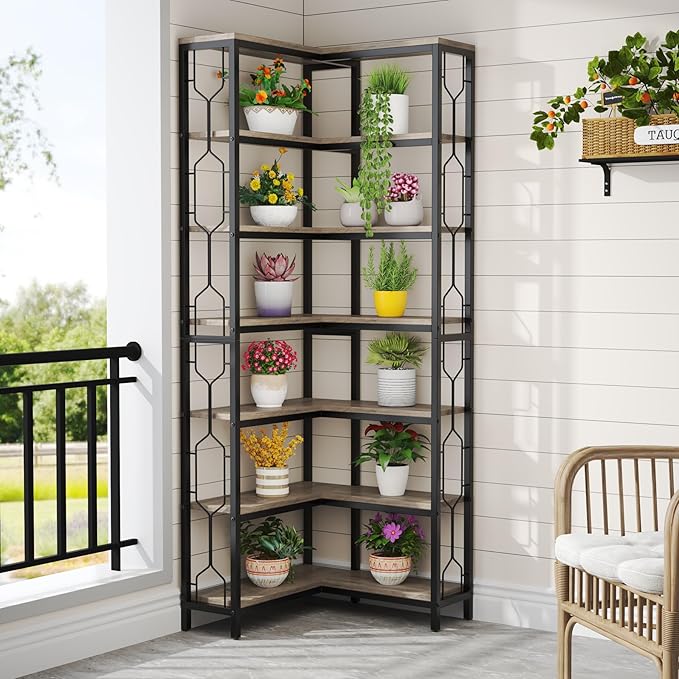 Tribesigns Corner Shelf, 7-Tier Industrial Corner Bookshelf, Wood and Metal - Image 6