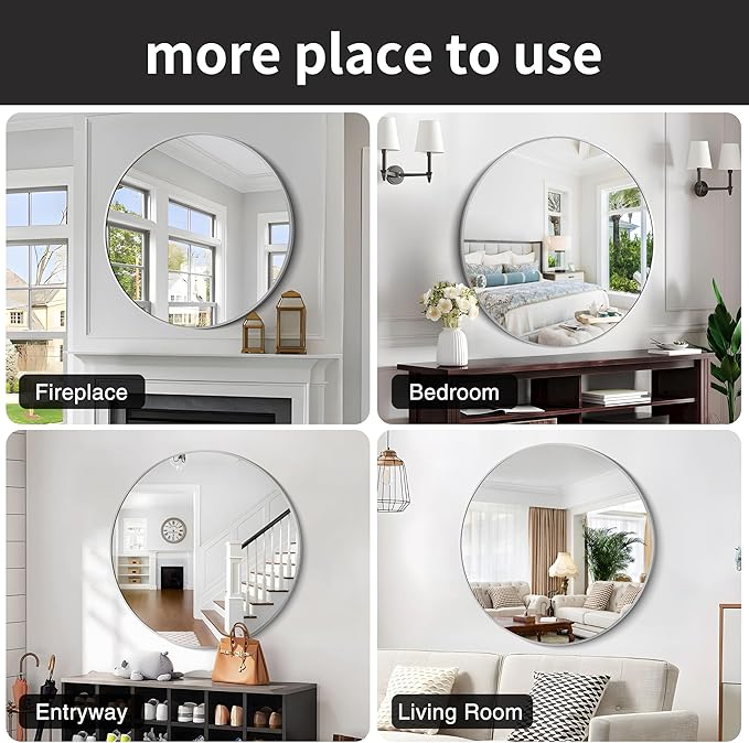 Silver Round Mirror, 39 Inch Wall Mounted Round Mirror, Aluminum Alloy Metal - Image 7