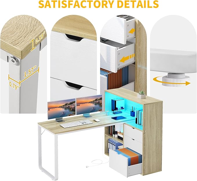 DWVO L Shaped Desk with Drawers, Home Office Desk with Storage Shelves - Image 7
