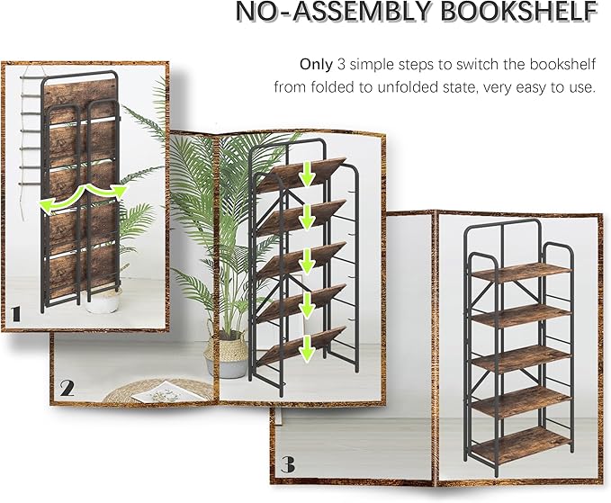 4NM No Assembly Folding Bookshelf 5 Tiers Vintage Industrial Black Book Shelf - Image 8