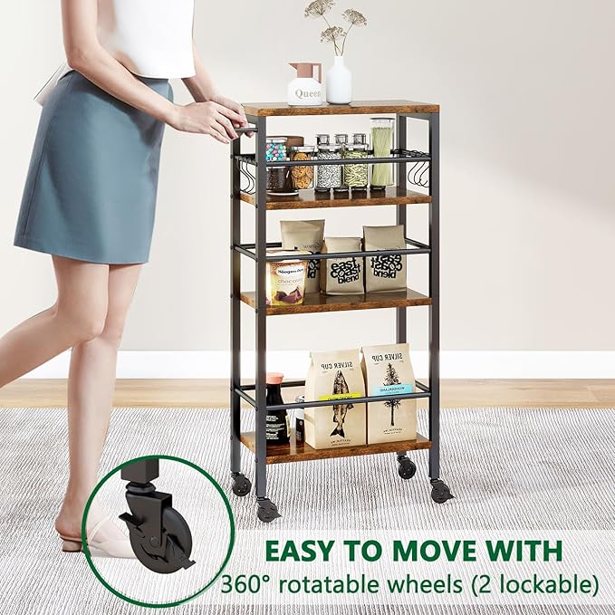 IBUYKE 7.8" Slim Rolling Cart, 4-Tier Metal Kitchen Storage Cart, Trolley cart - Image 4