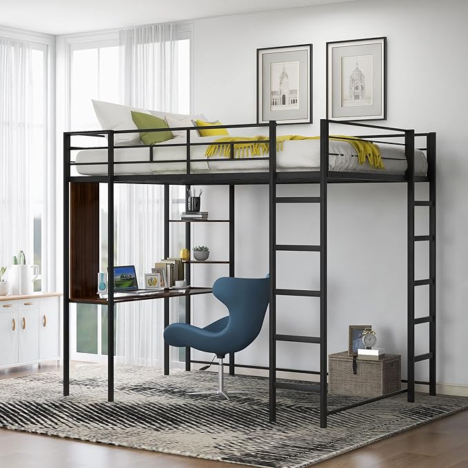 Full Size Metal Loft Bed with 2 Storage Shelves and 1 Desk, Steel Structure Bed - Image 3