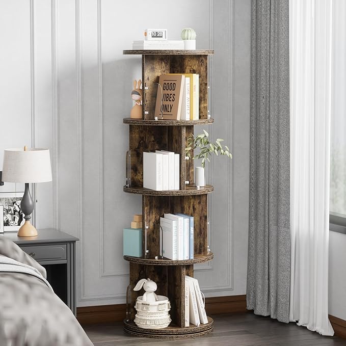 VECELO Rotating Bookshelf Tower, 360°Revolving Bookcase, Round Book Shelf - Image 6