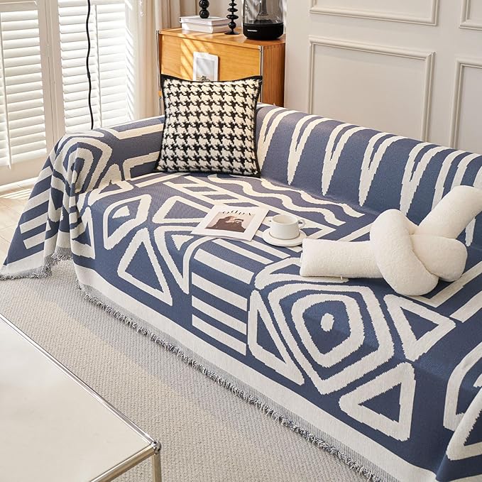 STACYPIK Jacquard Blue Geometric Sofa Cover Thick Soft Boho Couch Covers - Image 8