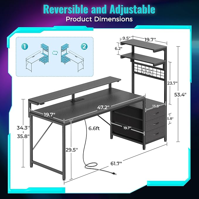 PRAISUN 61.7" Gaming Desk with LED Lights & Outlets, Computer Desk with 3 - Image 2