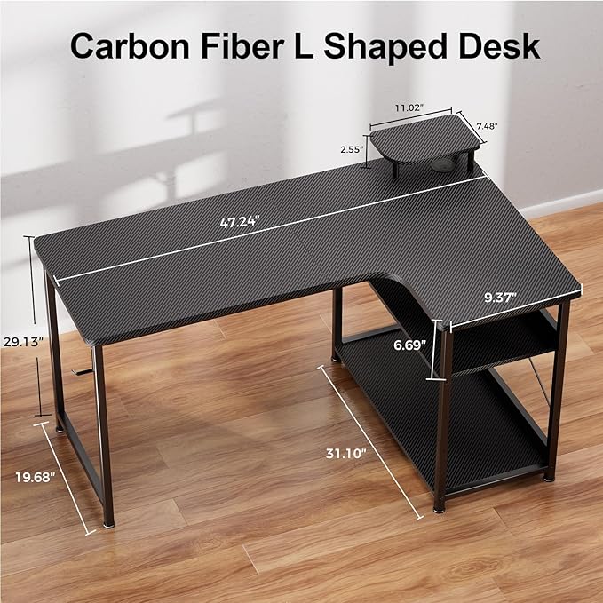GTPLAYER L Shaped Gaming Desk, Carbon Fiber Style Computer Desk - Image 3