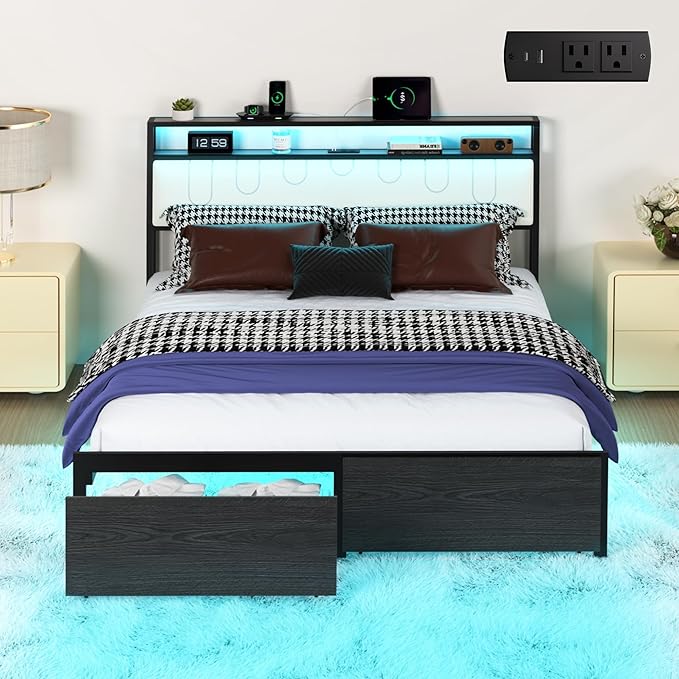 Queen Bed Frame with Storage Headboard, Metal Platform Bed Frame with LED by Natekelly