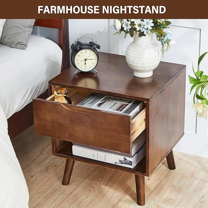 CozyDH Nightstand with Drawer and Opening Storage, Solid Wood Modern Bedside - Image 6
